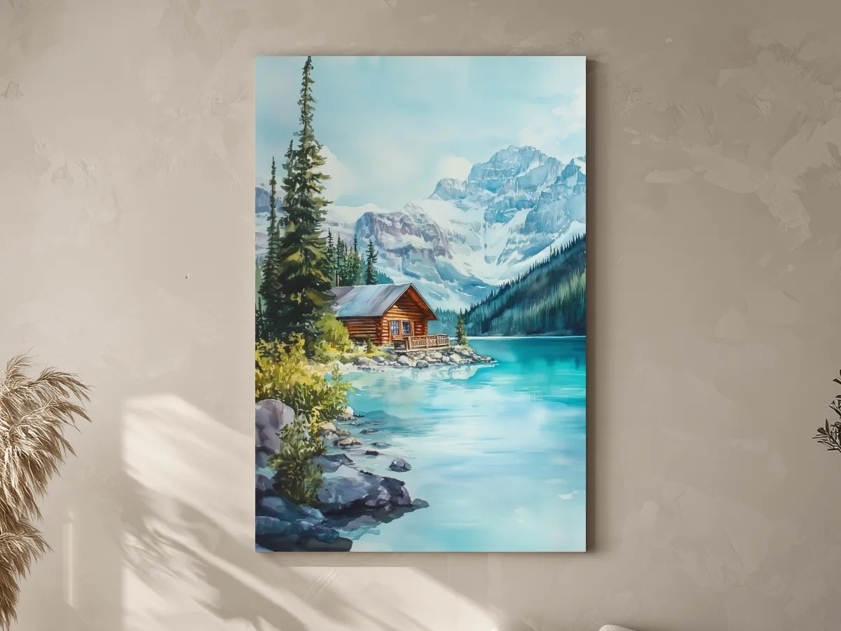 Turquoise Alpine Lake Cabin Watercolor - Serene Snowy Mountain Wall Art