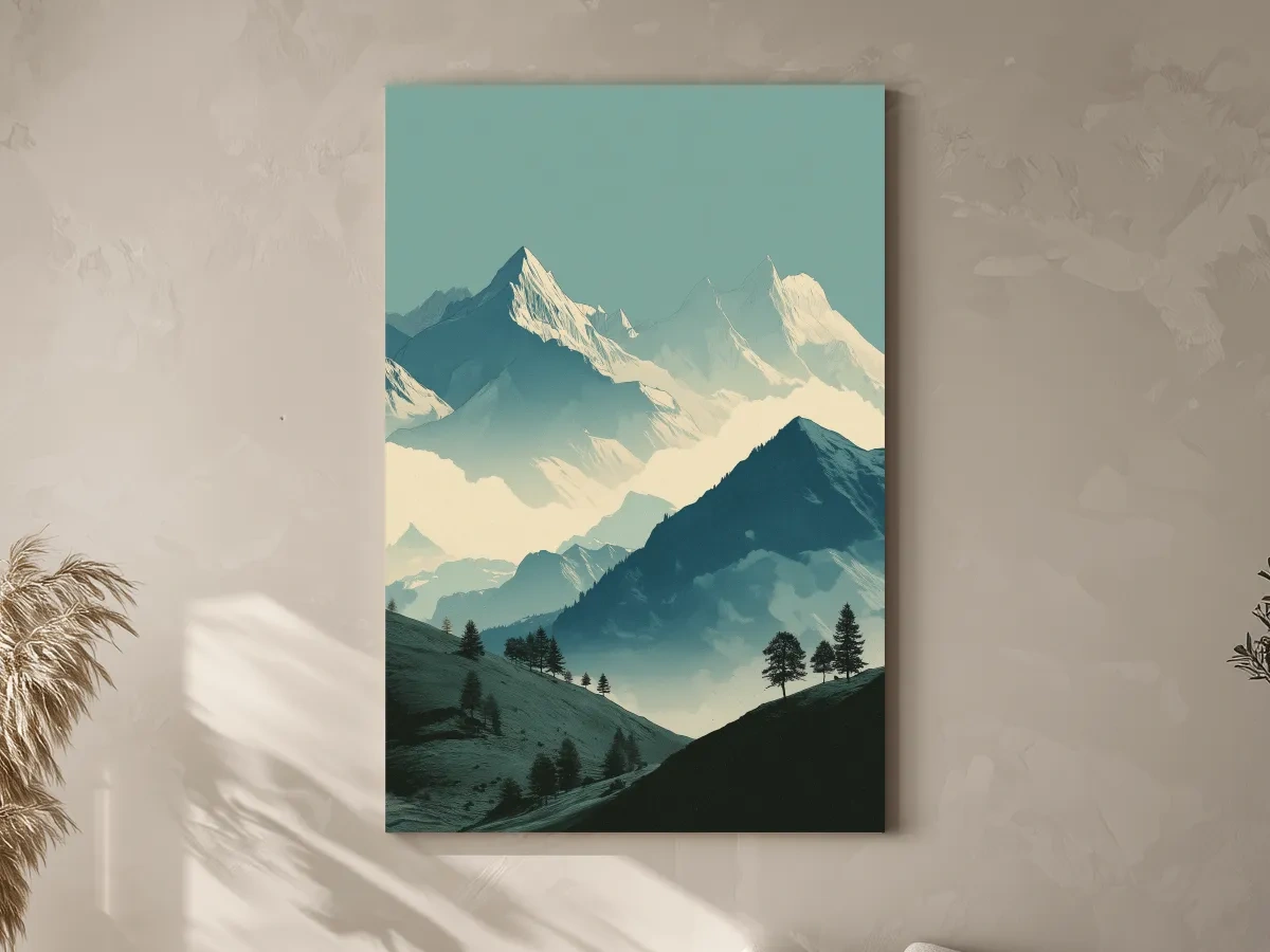 Misty Alpine Mountain Peaks Illustration - Serene Landscape Wall Art