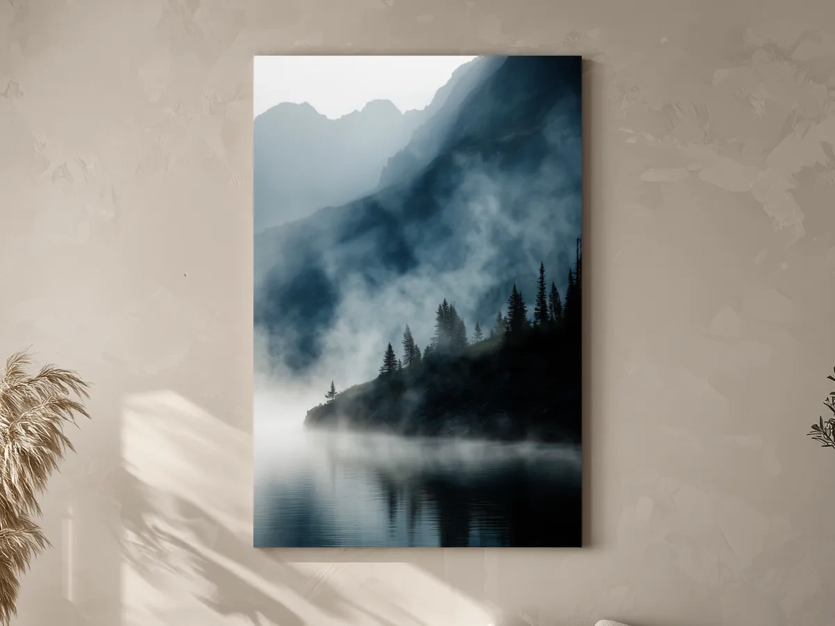 Misty Alpine Lake Landscape Photography - Foggy Pine Forest Nature Wall Art
