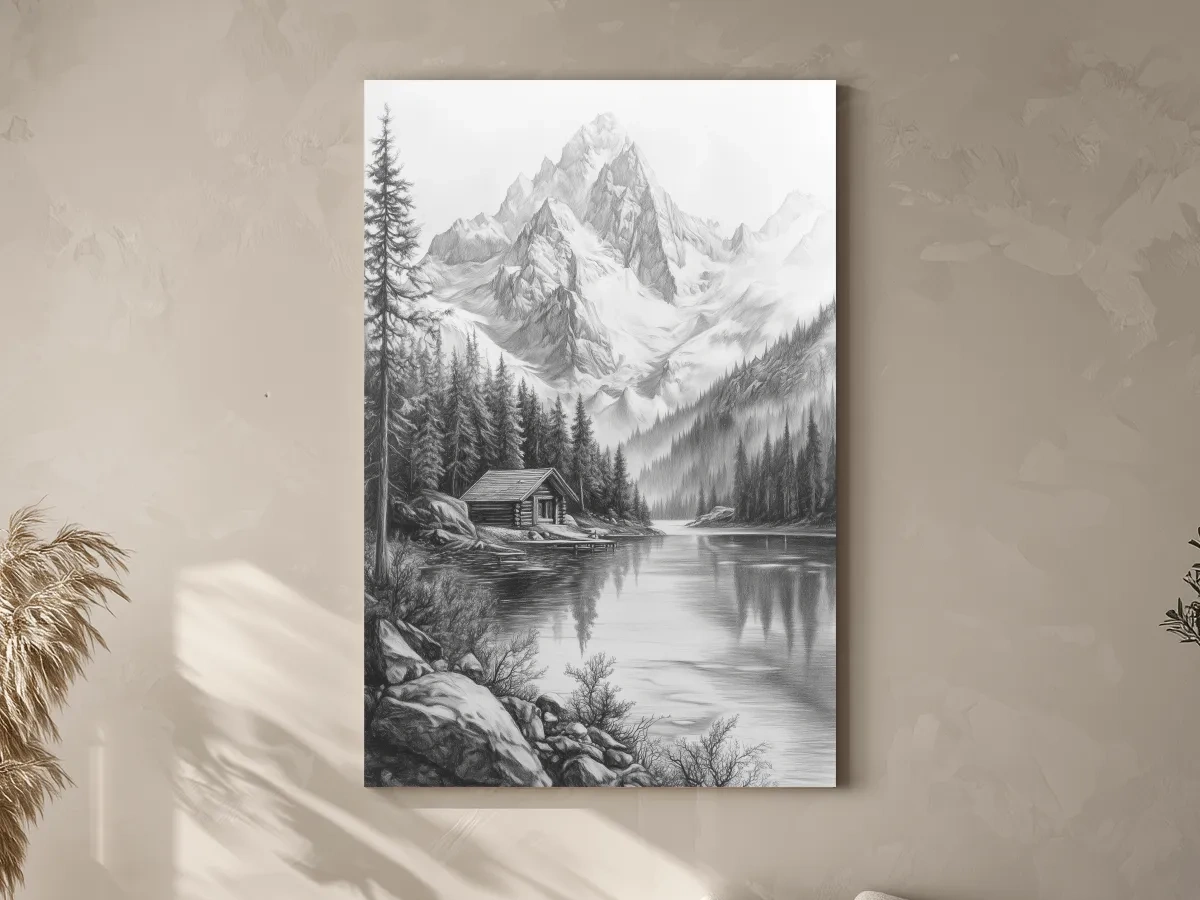 Monochrome Alpine Lake Cabin Sketch Art - Mountain Drawing Wall Art