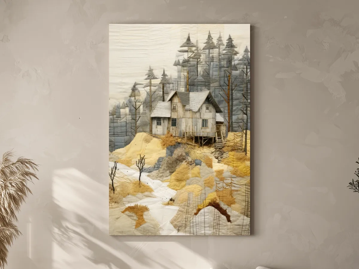 Rustic Woodland Cabin Landscape Quilt Art - Patchwork Style Mixed Media Wall Art