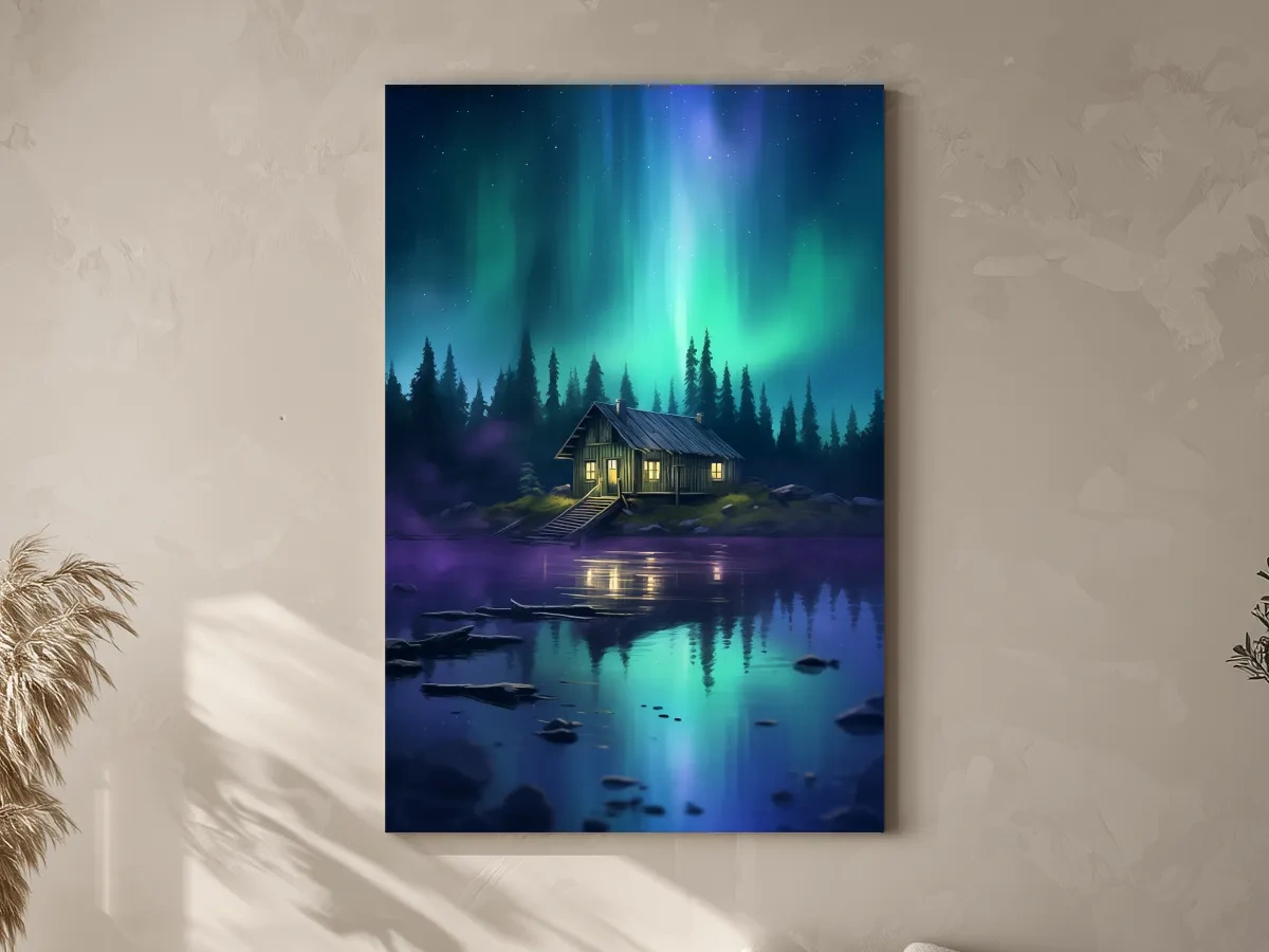 Vibrant Northern Lights Cabin Lake Painting - Aurora Borealis Night Wall Art