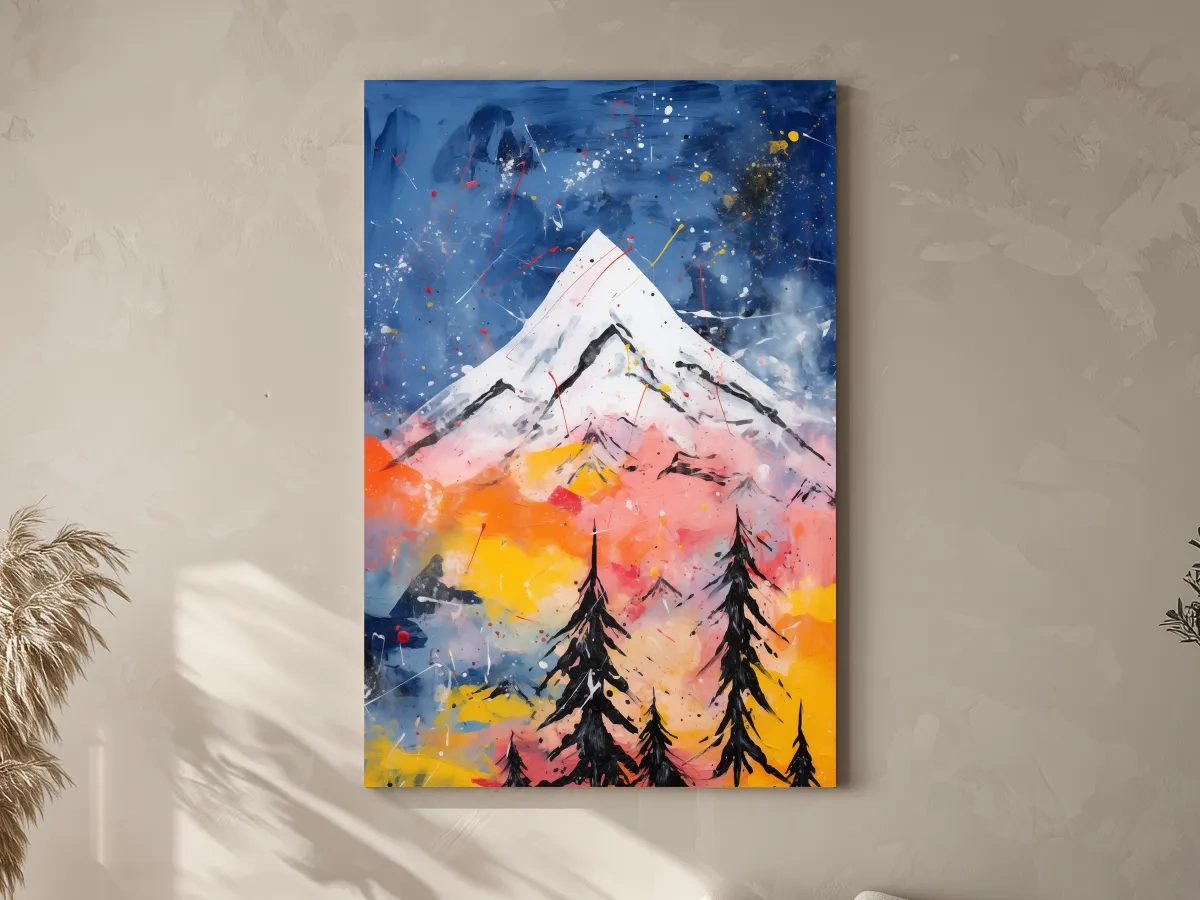 Vibrant Abstract Mountain Peak Sunset Painting - Colorful Acrylic Splash Forest Wall Art