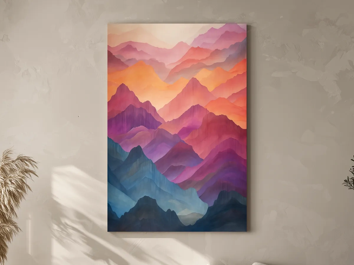 Vibrant Watercolor Layered Mountains - Abstract Sunset Landscape Wall Art
