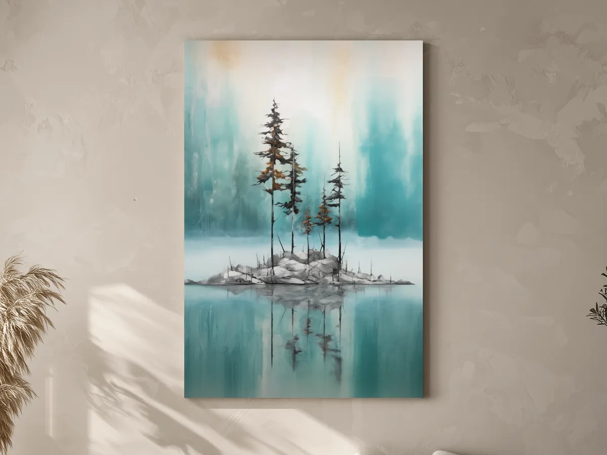 Misty Pine Trees Reflection - Watercolor Turquoise Alpine Lake Wall Art