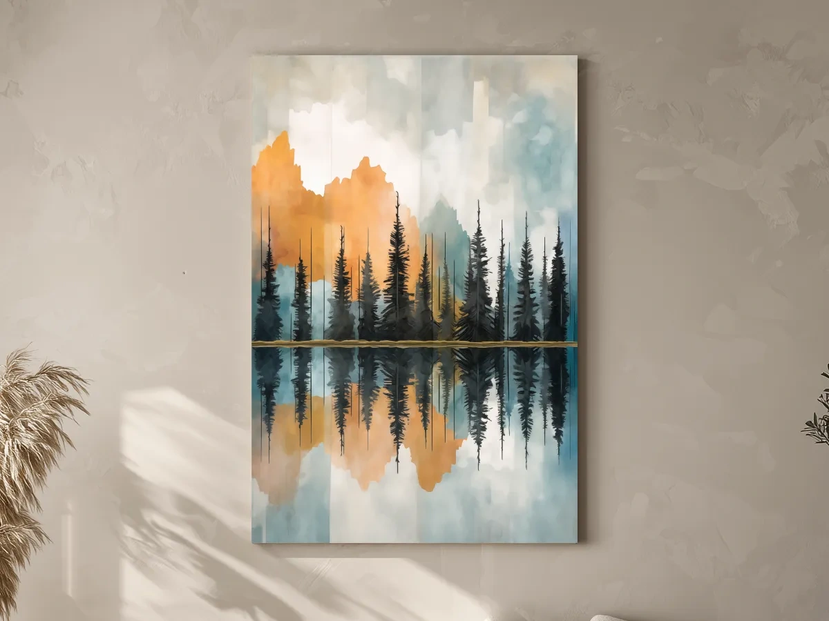 Abstract Watercolor Mountain Lake Reflection - Alpine Forest Landscape Artwork