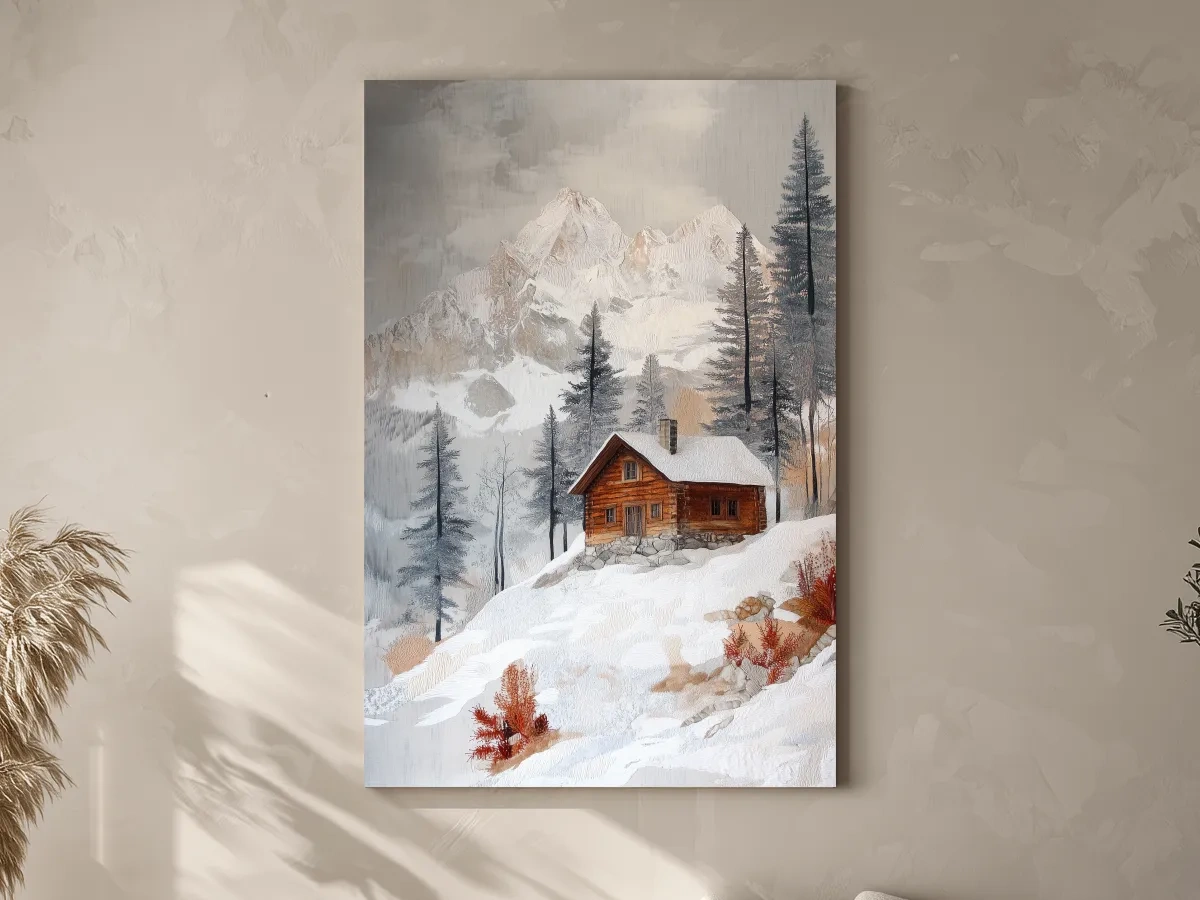Snowy Mountain Cabin Landscape Painting - Rustic Winter Wilderness Wall Art
