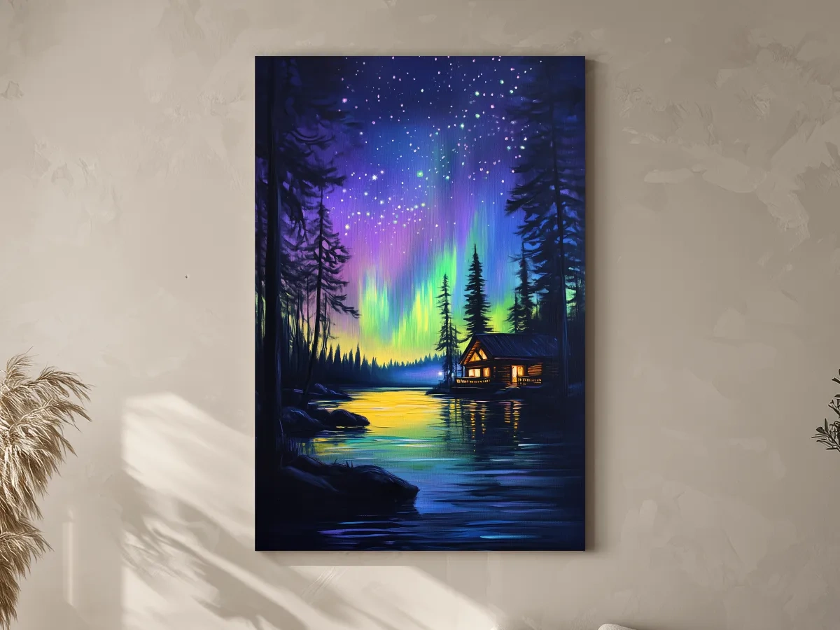 Vibrant Northern Lights Lakeside Cabin Painting - Aurora Borealis Night Landscape Wall Art