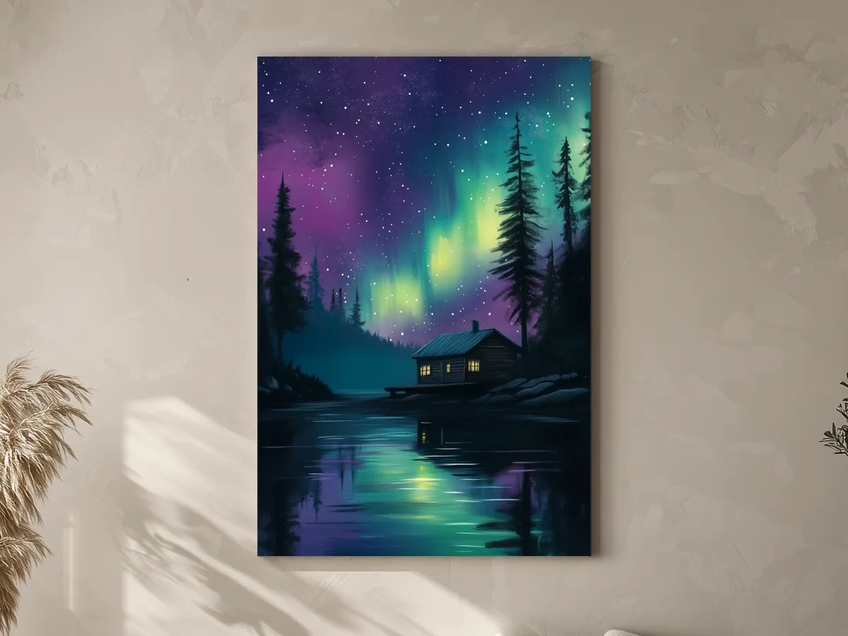 Aurora Borealis Lake Cabin Painting - Northern Lights Wall Art