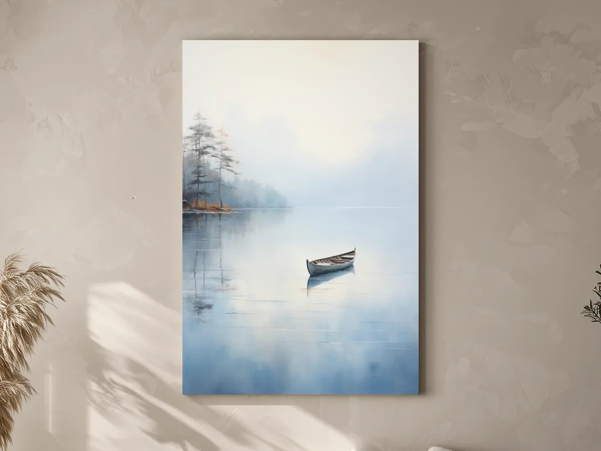 Misty Lake Canoe Reflection Painting - Serene Minimalist Waterscape Wall Art