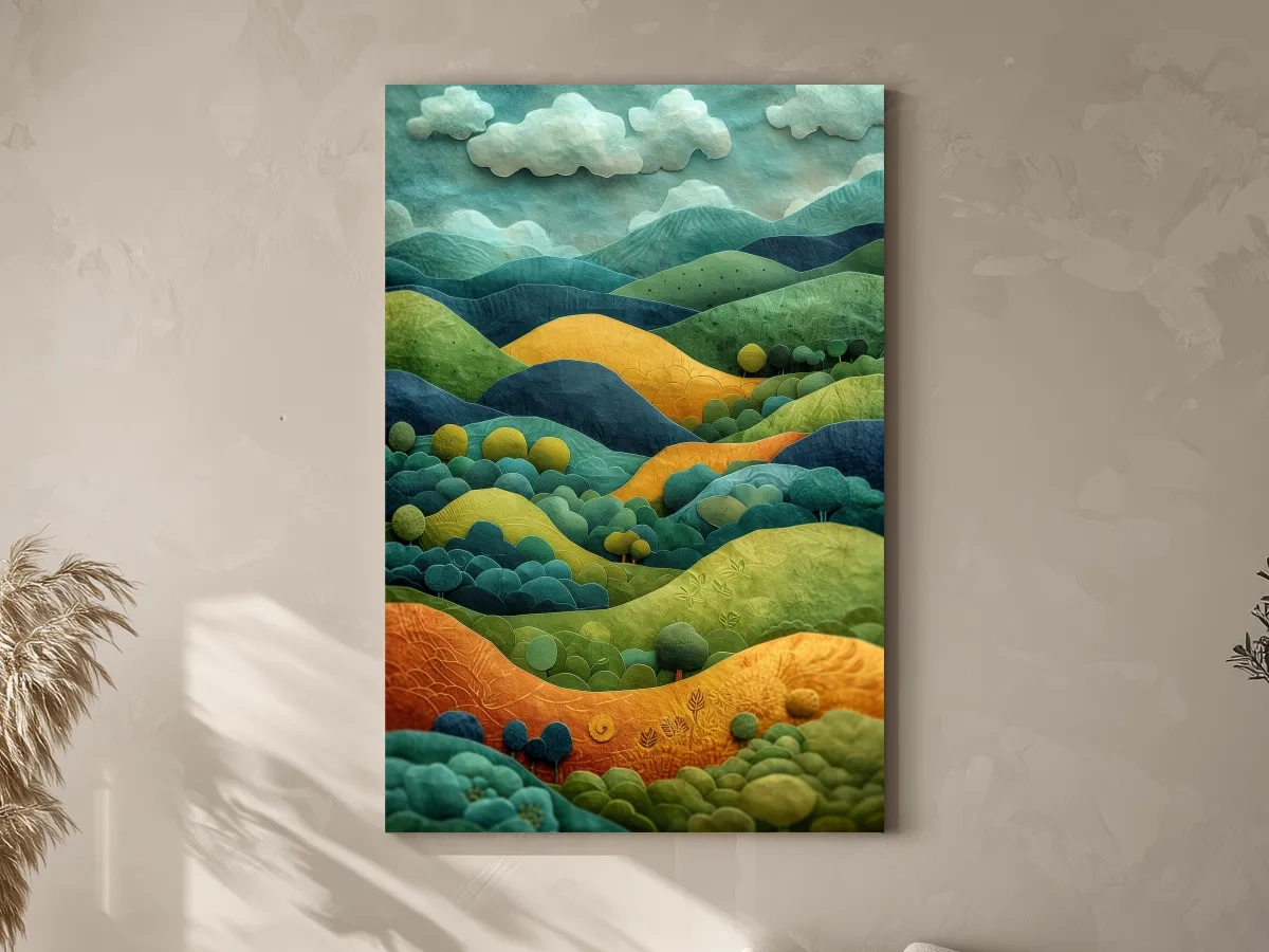 3D Layered Paper Cut Style Mountain Artwork - Whimsical Surreal Landscape Wall Art