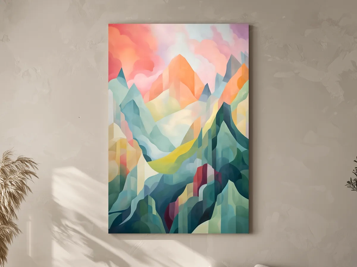 Vibrant Abstract Pastel Mountain Sunset - Geometric Watercolor Style Wall Art