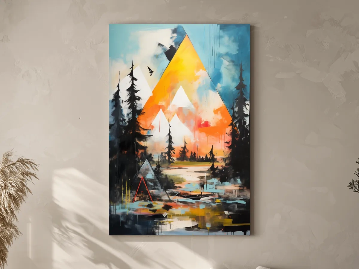 Vibrant Abstract Mountain Painting - Modern Geometric Alpine Forest Wall Art