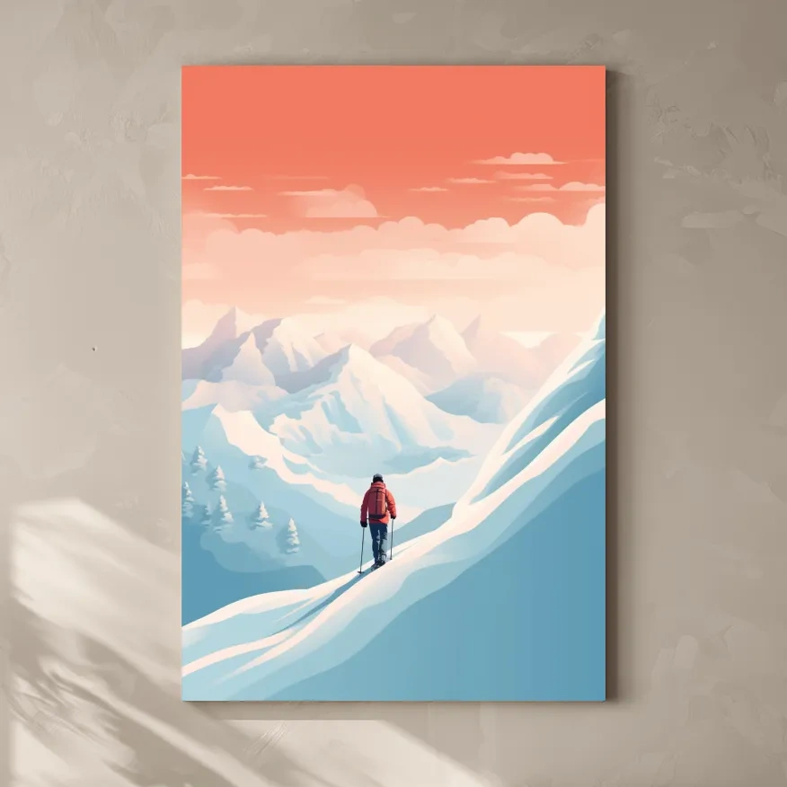 Backcountry Skier In Alpine Sunset - Minimalist Winter Mountains Wall Art