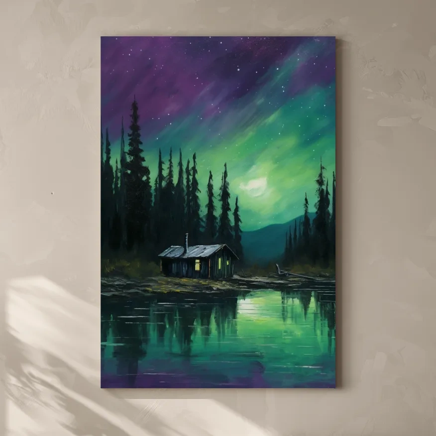 Vibrant Northern Lights Cabin Lake Painting - Aurora Borealis Night Wall Art