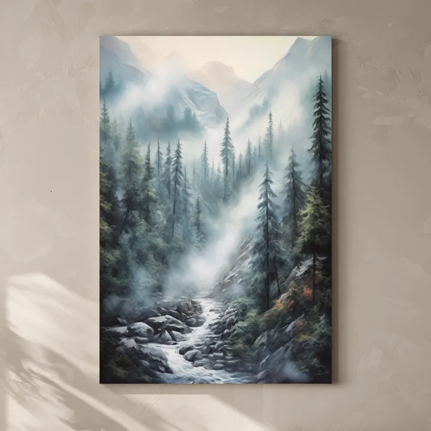Painting of a foggy forest mountain and river scene