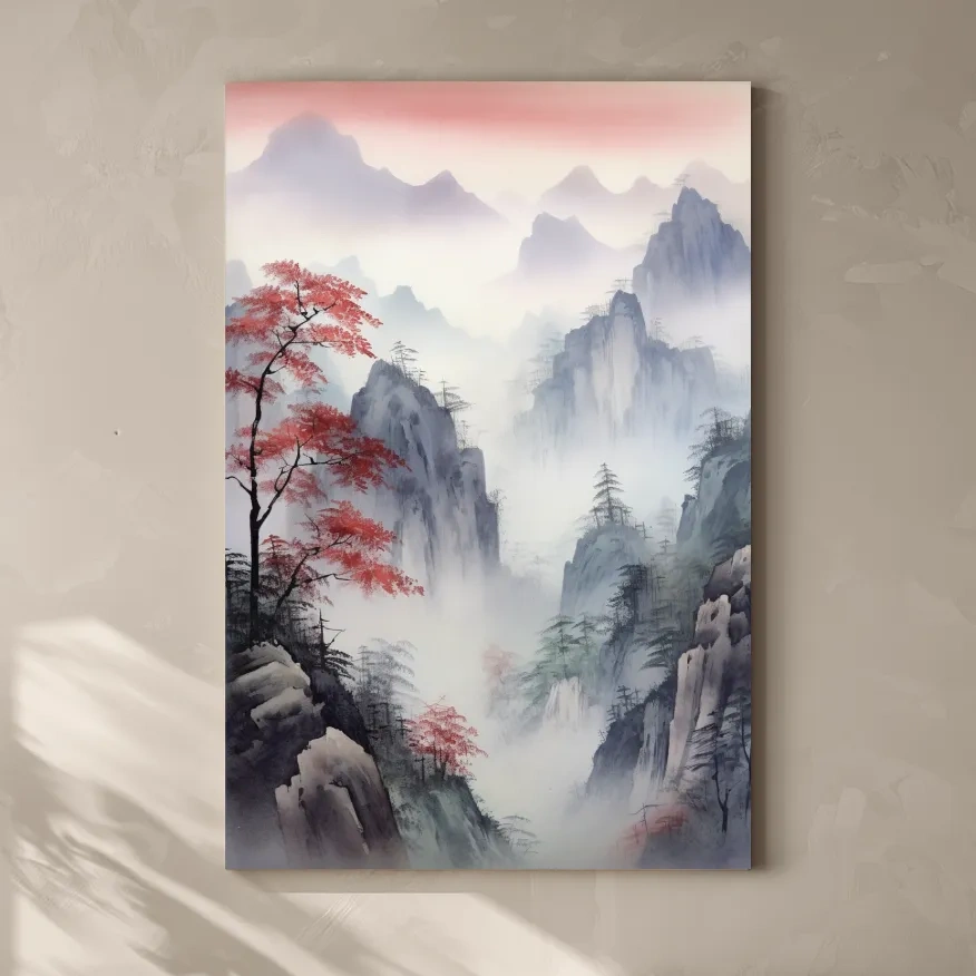 Chinese style ink wash watercolour painting of a foggy mountain scene