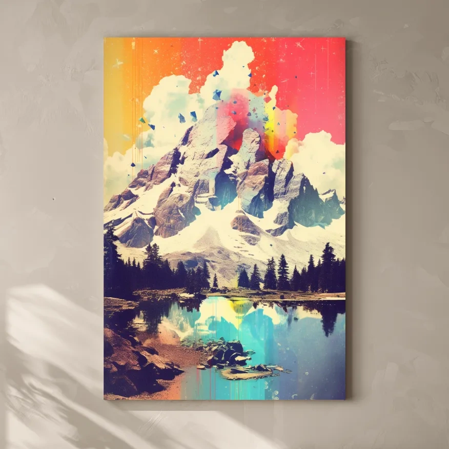 Vibrant Abstract Mountain Lake Painting - Colorful Alpine Landscape Wall Art