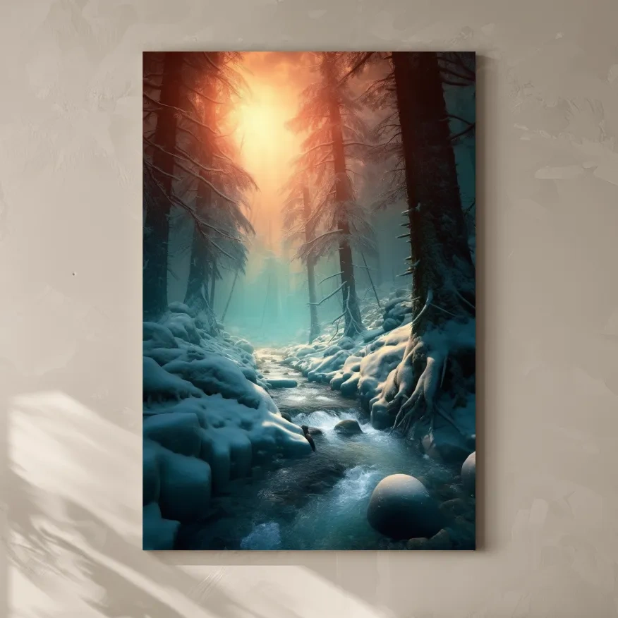 Misty Winter Forest Stream At Sunrise - Photographic Landscape Wall Art
