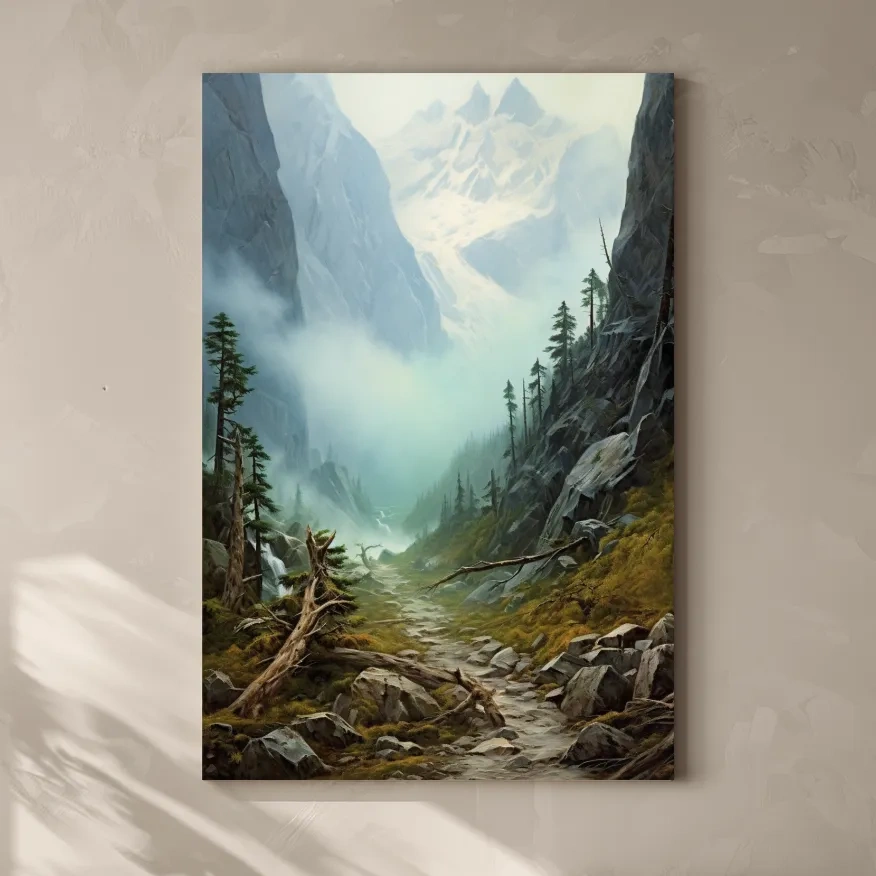 Painting of a foggy alpine scene
