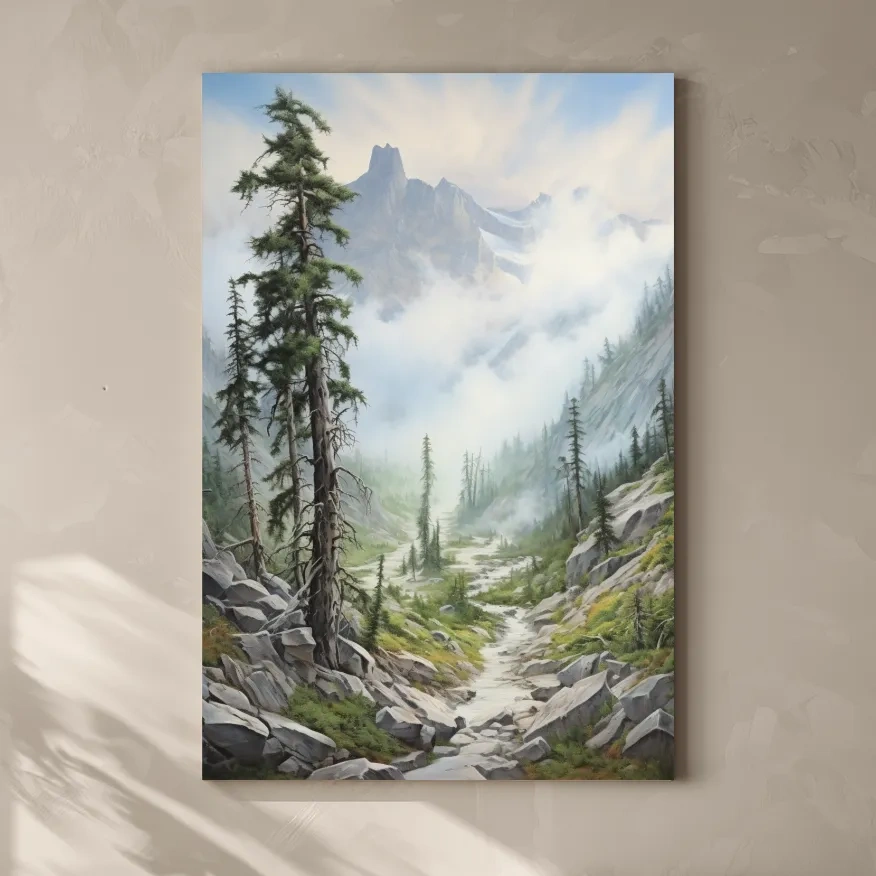 Painting of a trail leading into a foggy alpine scene