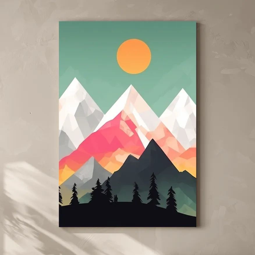 Simple flat colour 2d mountain art, colourful mountain ranges