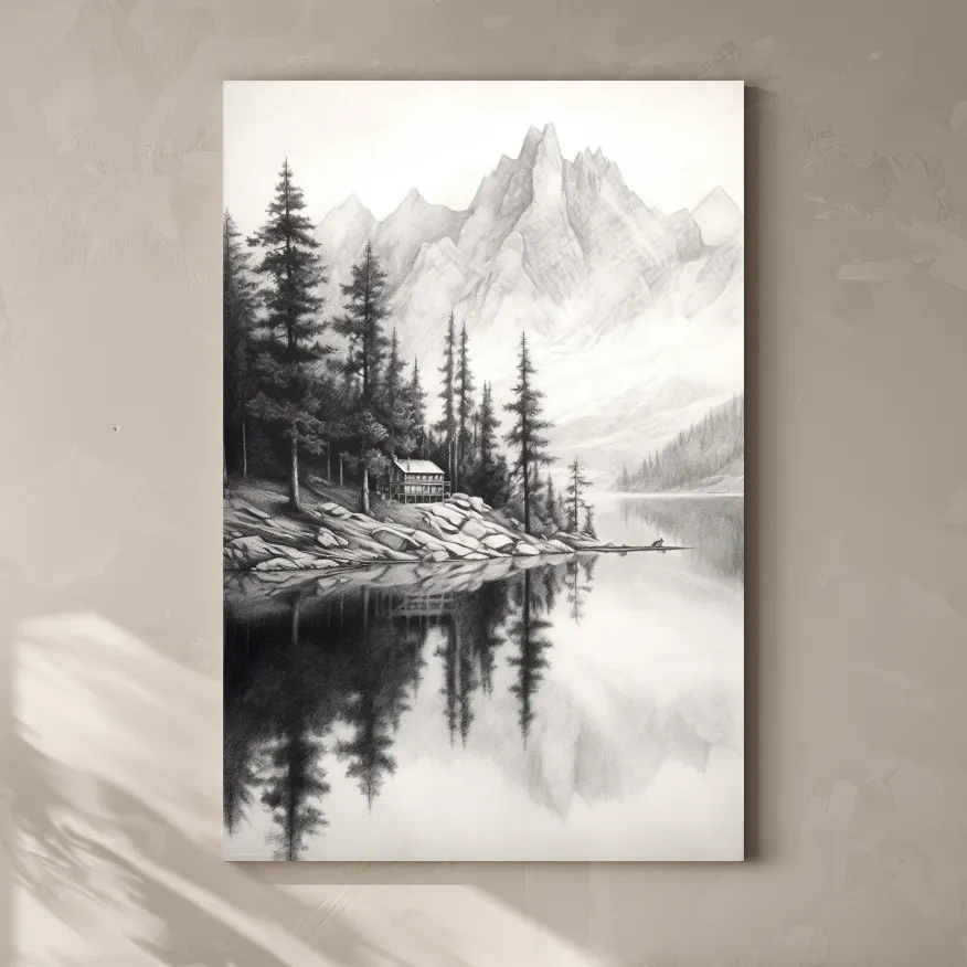 Lead pencil drawing of a cabin by an alpine lake