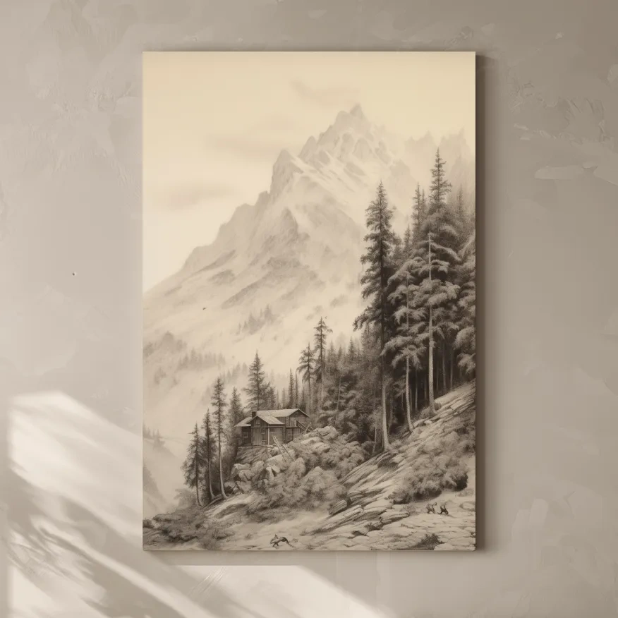 Lead pencil drawing of a cabin by a glacier