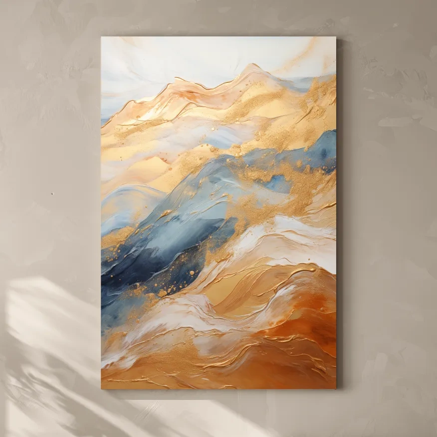 Abstract golden swirling painting forming mountains