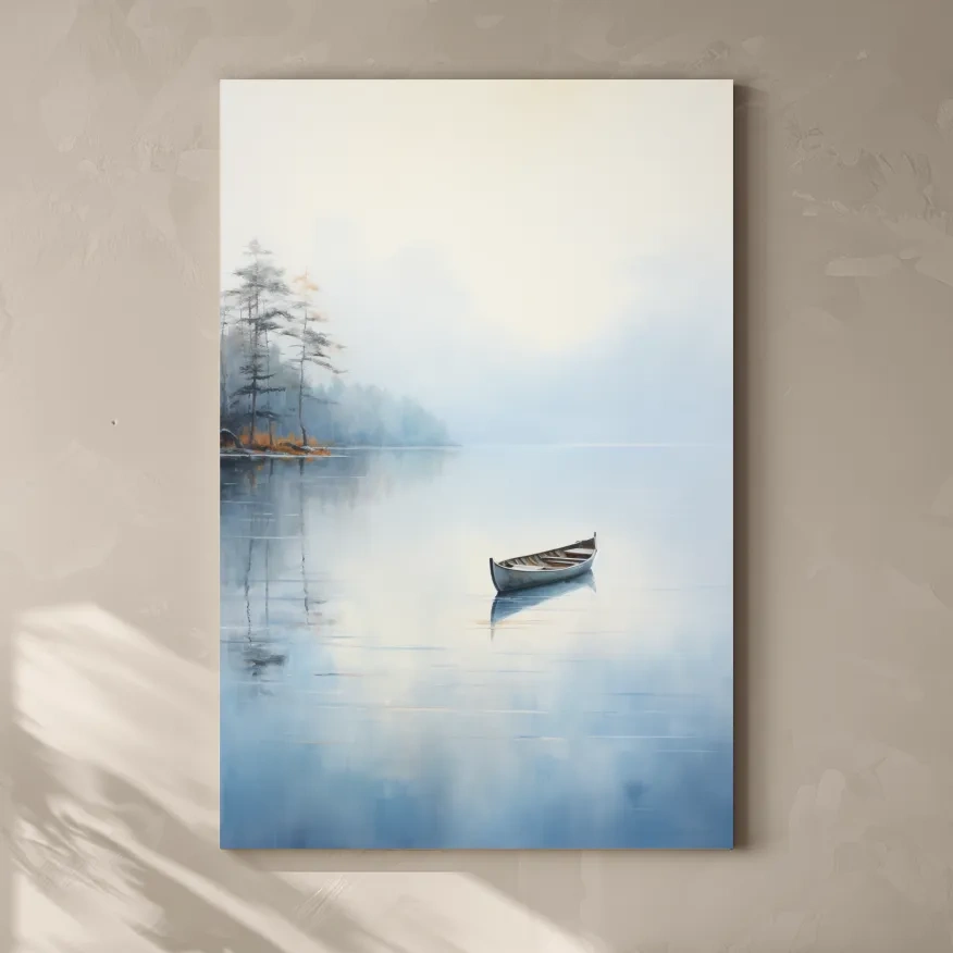 Watercolor painting, canoe on a misty lake