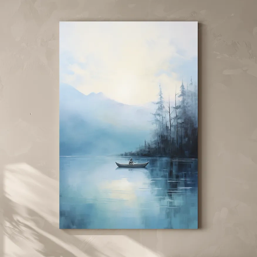 Painting of a fisherman on a torquoise lake