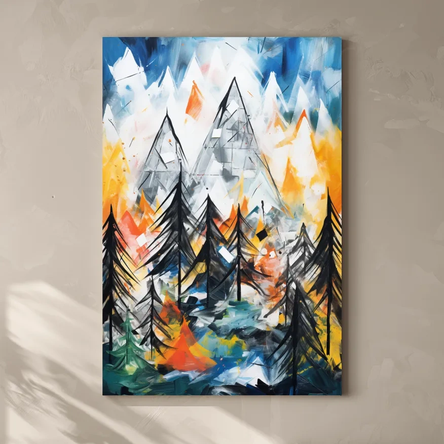 Abstract Alpine Mountain Peaks Painting - Colorful Energetic Pine Forest Landscape Wall Art