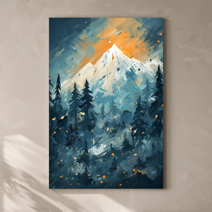Abstract Snowy Mountain Peak Sunset - Moody Pine Forest Painting Wall Art