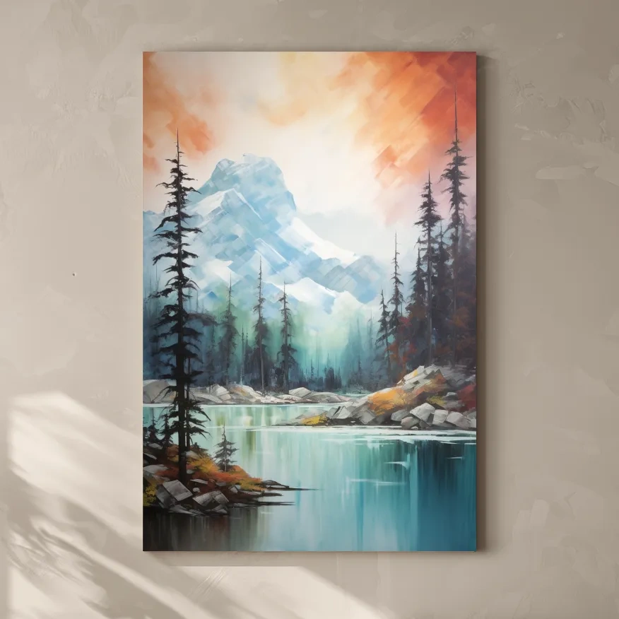 Turquoise Alpine Lake & Pine Forest Sunset Watercolor - Serene Mountain Landscape Wall Art