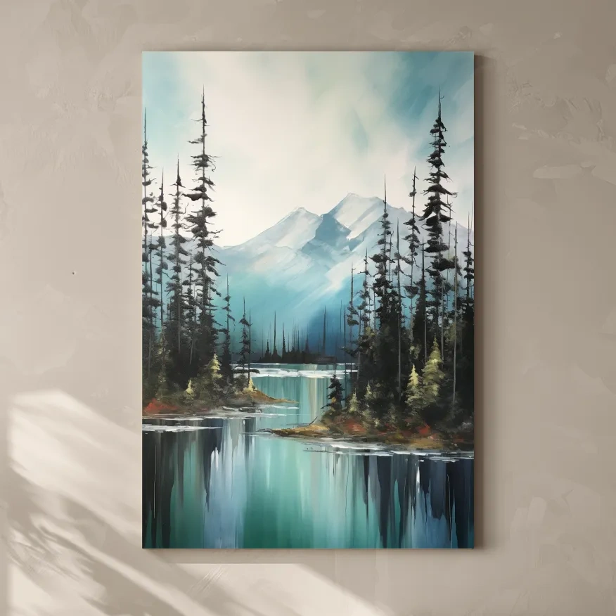 Alpine Turquoise Lake Watercolor Landscape - Serene Pine Forest Nature Wall Art
