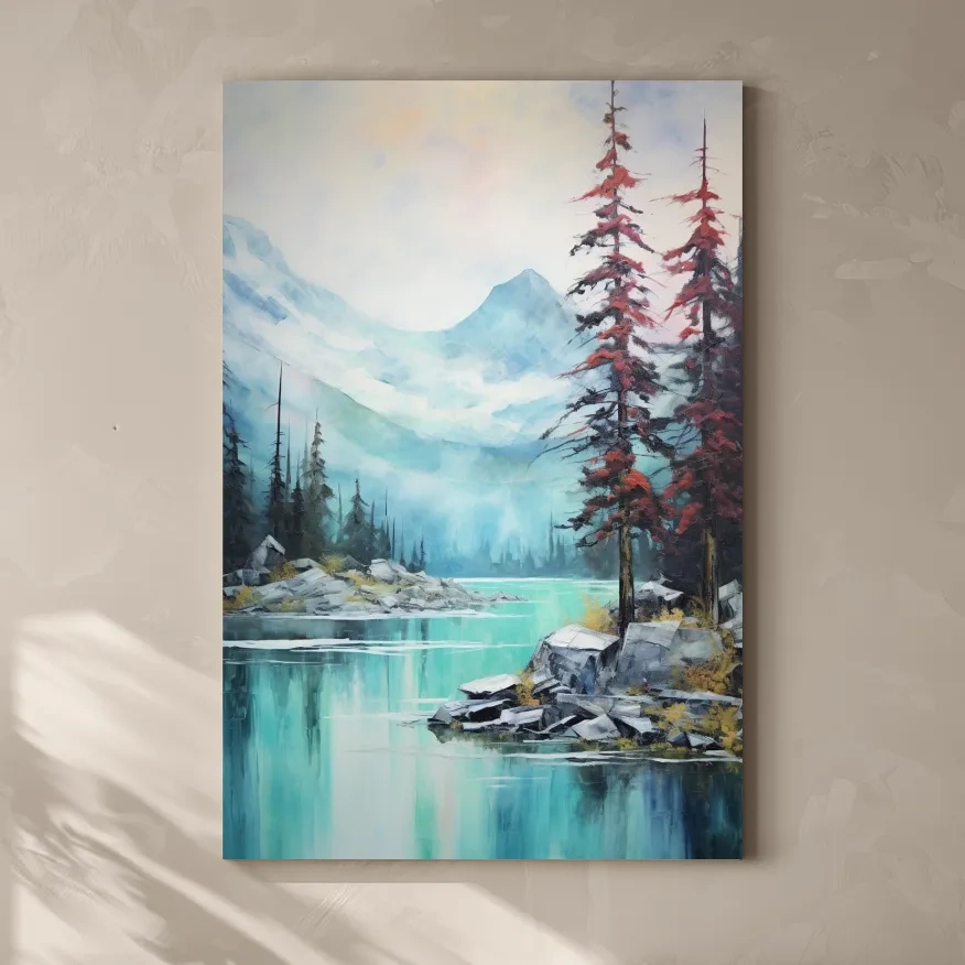 Mountain scenery painting, a turquoise alpine lake