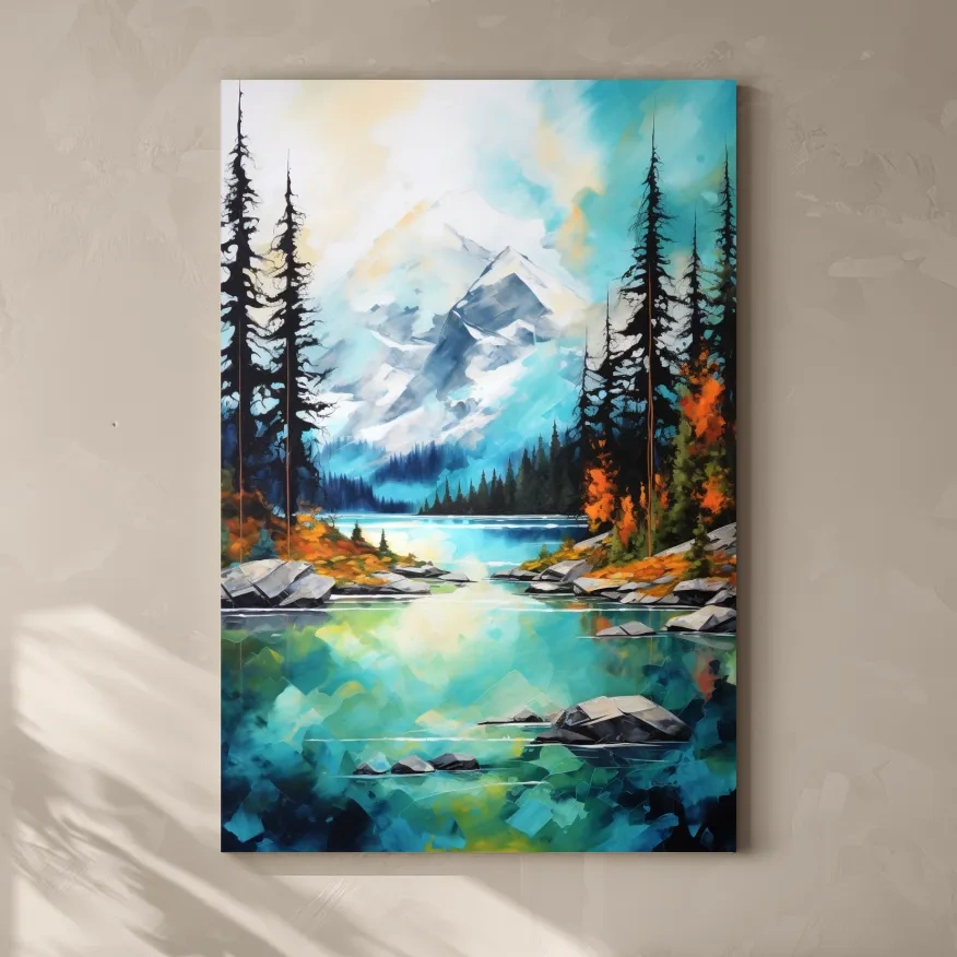 Torquoise alpine lake painting in the fall