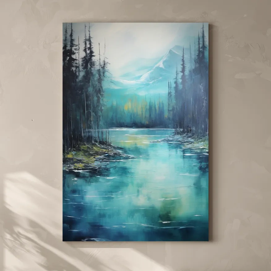 Misty Mountain Lake Reflection - Serene Forest Oil Panting Wall Art