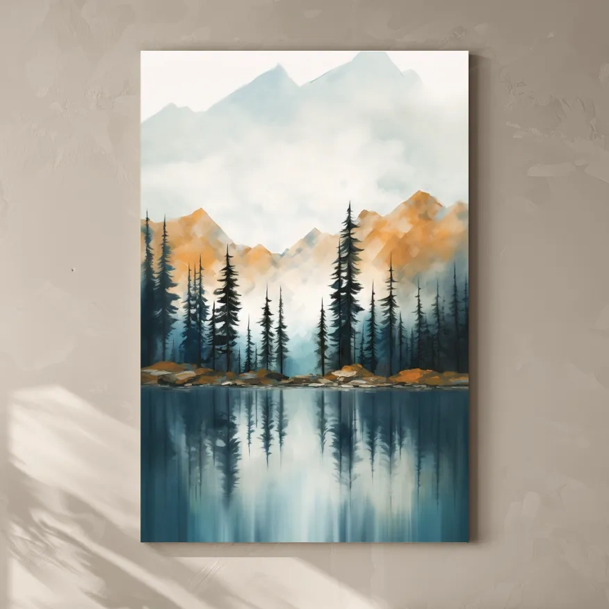 Trees on a beautiful alpine lake, mountain scenery painting