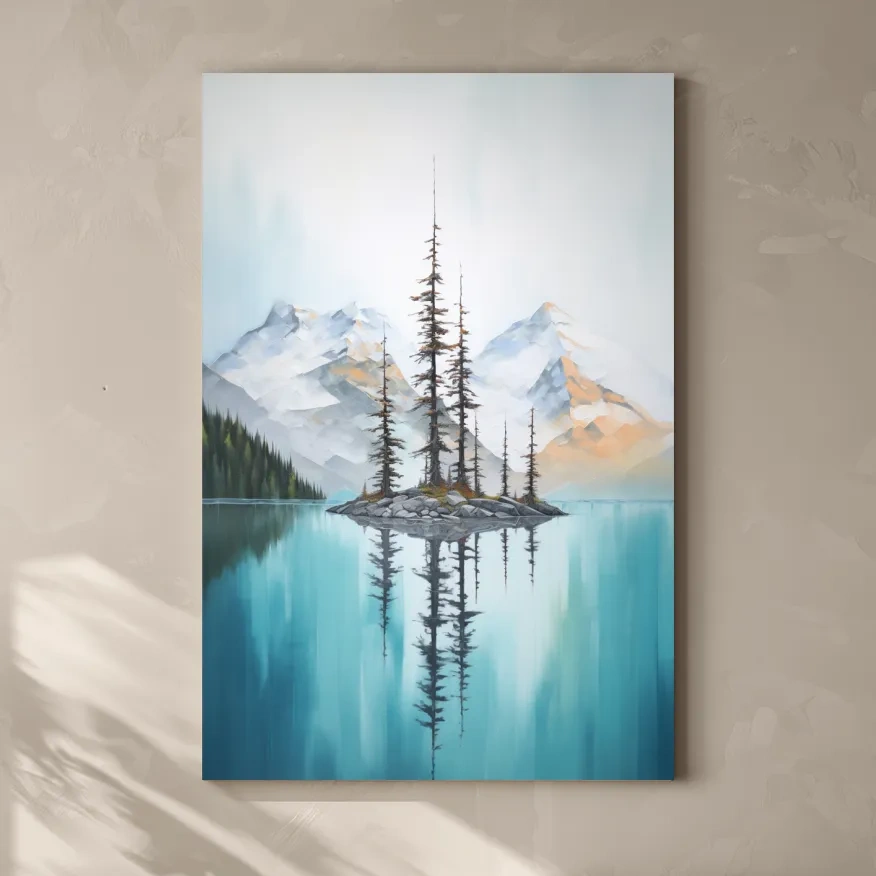 Painting of trees in a turquoise alpine lake
