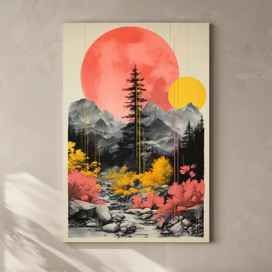 Pink and yellow contrasting artwork, alpine mountain scene