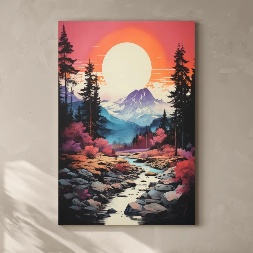Colorful alpine scene at sunset, illustration