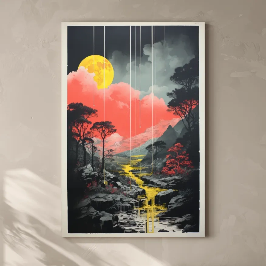 River running through the mountains, colourful illustration