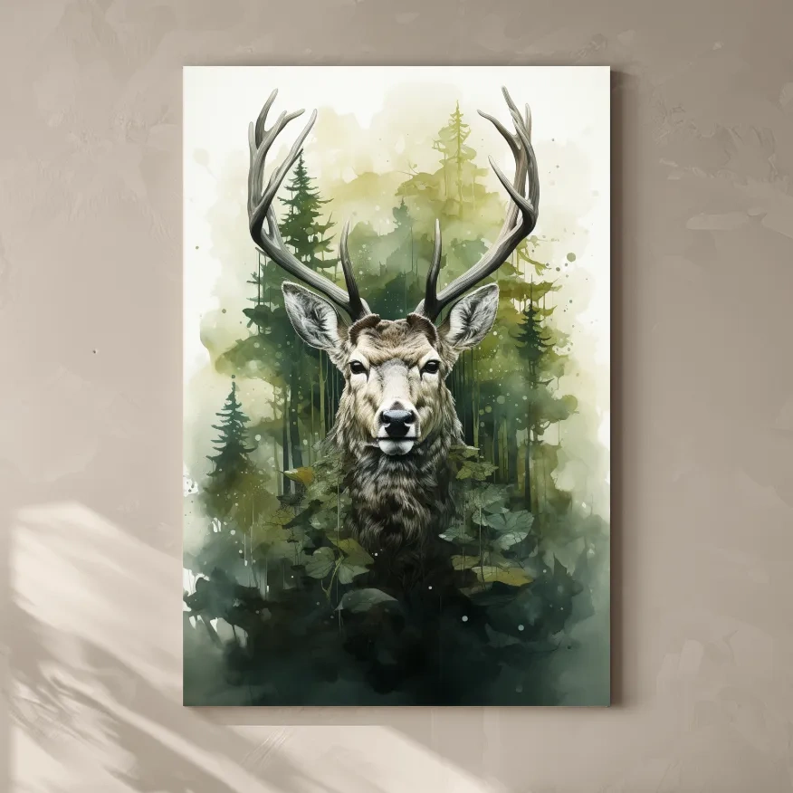 Watercolor Deer Portrait In Misty Pine Forest - Woodland Wildlife Wall Art