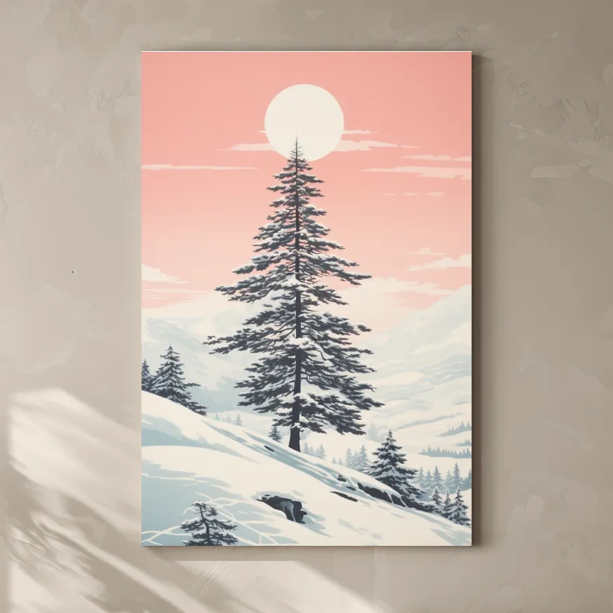 Minimal art, snow covered pine tree at sunset