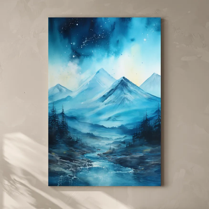 Watercolor painting, mountains under the stars