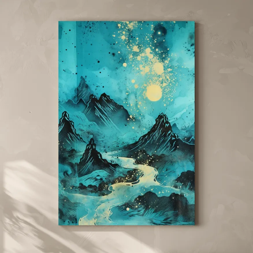Abstract painting of a river through the mountains