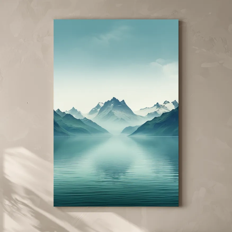 Soft, minimal art, mountains by a lake