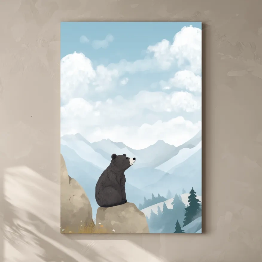 Whimsical Black Bear Mountain Landscape Illustration - Cute Animal Nursery Wall Art