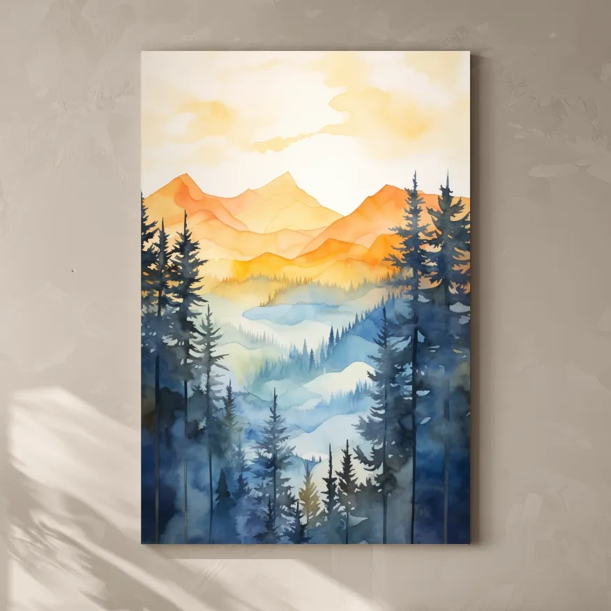 Simple watercolor art painting of alpine mountain scenery